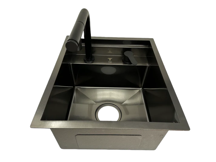 Space-Saving Camper Van/Truck RV Sink - Black Stainless Steel with Hideaway Faucet