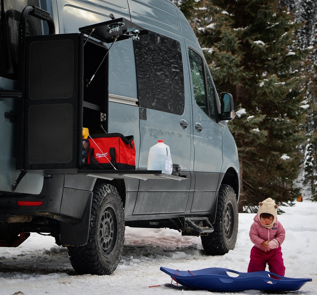 Overland Sprinter Rear Door Rack Sprinter Rear Door Aluminum Gear Rack - NO DRILL – Curious Campervans