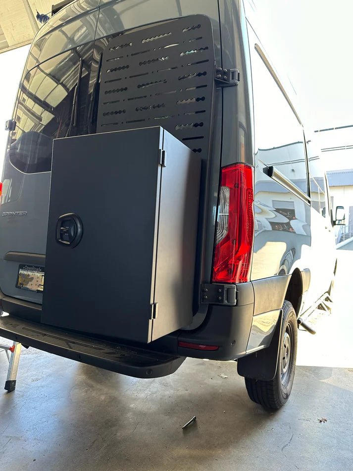Overland Sprinter Rear Door Rack TecVan Sprinter Passenger Rear Door Aluminum Gear Rack – Curious Campervans