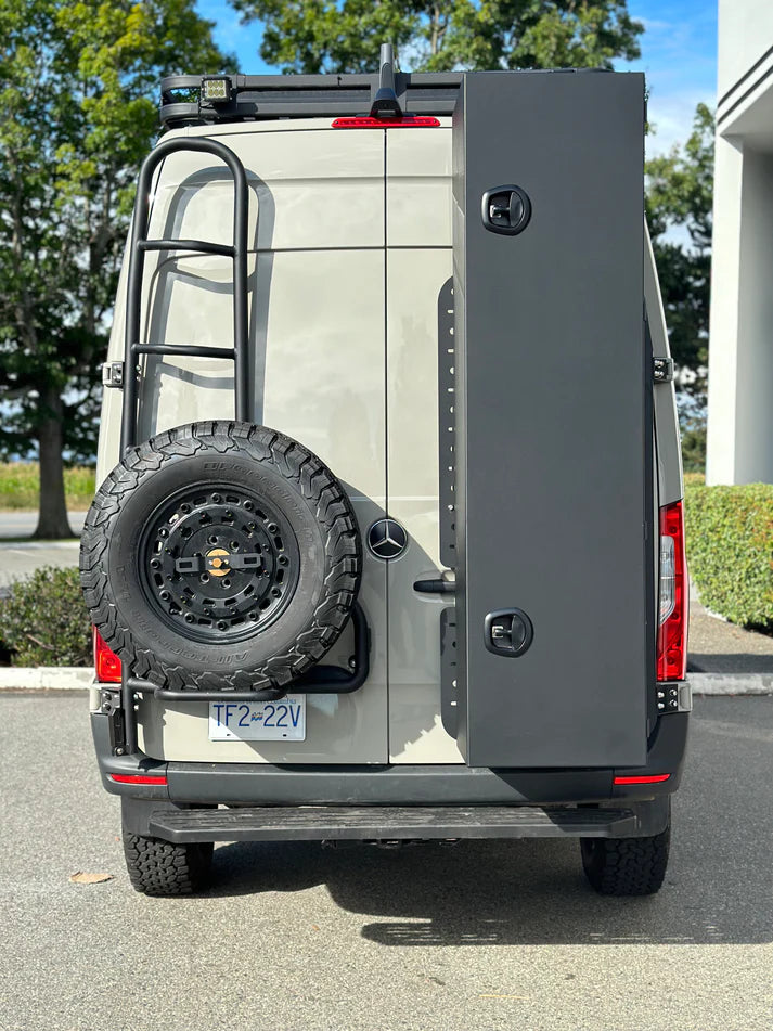 Overland Sprinter Rear Door Rack TecVan Sprinter Passenger Rear Door Aluminum Gear Rack – Curious Campervans