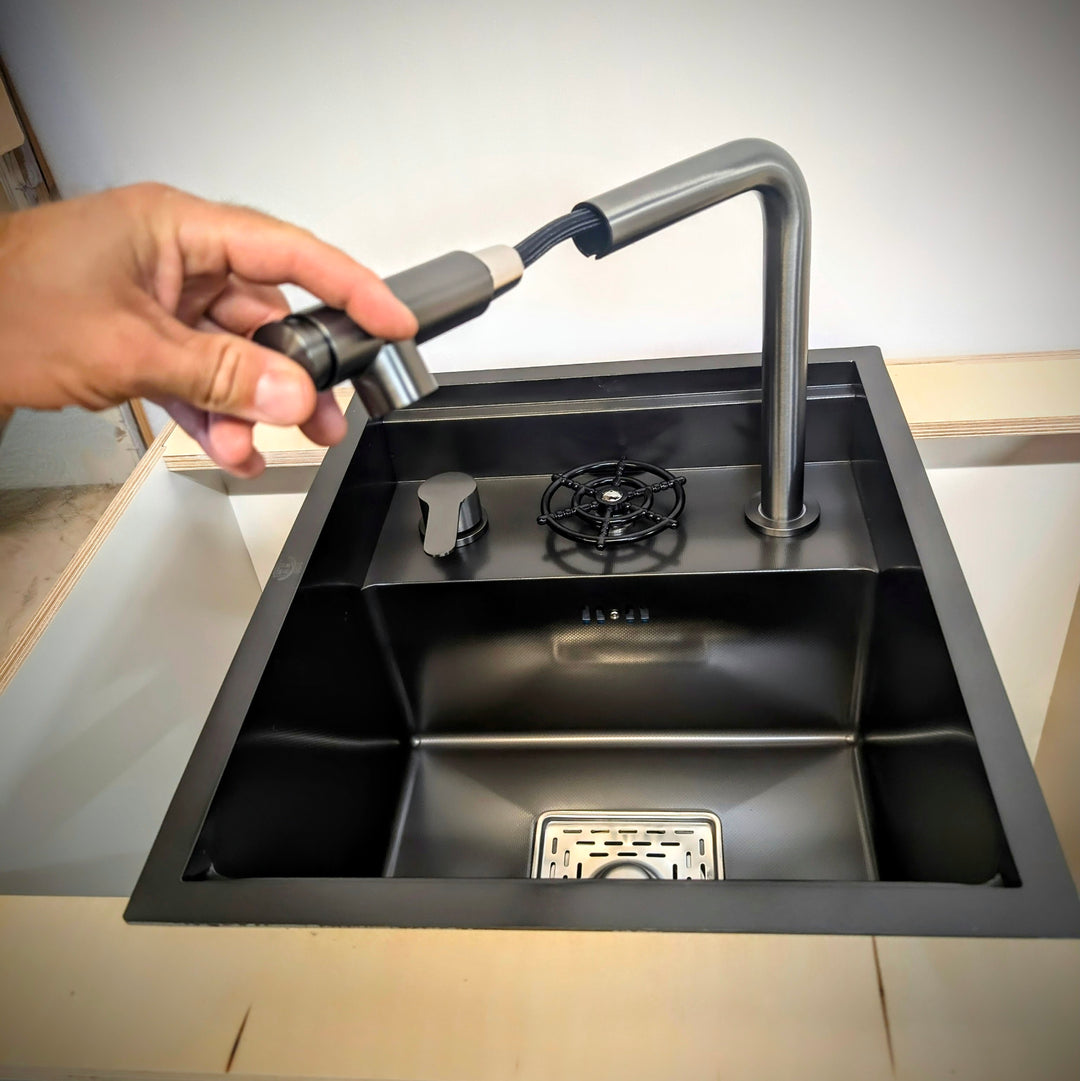 Stainless steel camper sink with soap dispenser and cup cleaner (17.7" × 15.0" × 9.0")