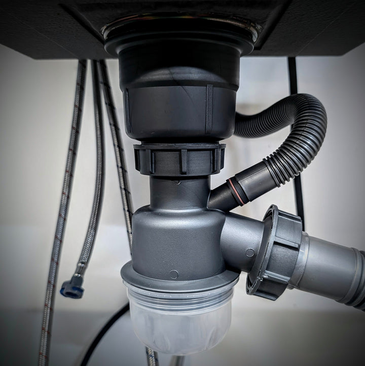 Stainless steel camper sink with soap dispenser and cup cleaner (17.7" × 15.0" × 9.0")