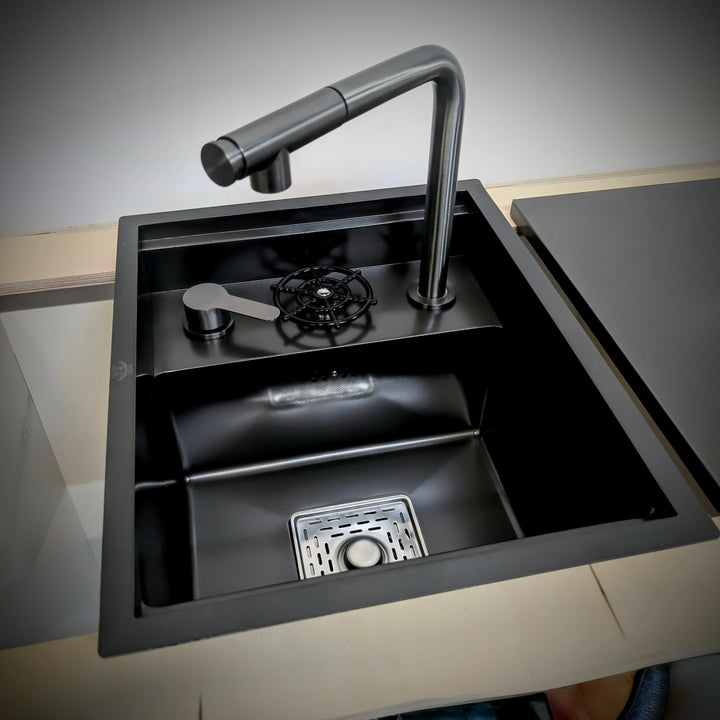 Stainless steel camper sink with soap dispenser and cup cleaner (17.7" × 15.0" × 9.0")