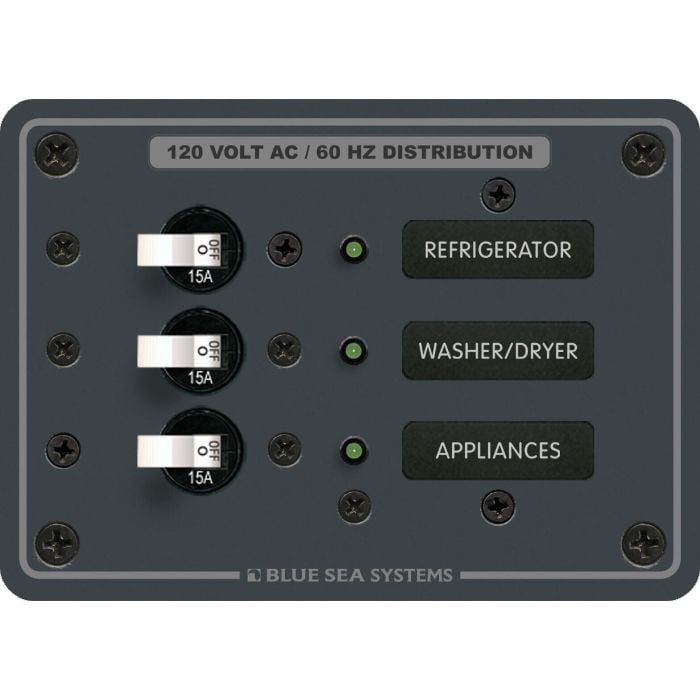 Blue Sea 8058 three-position 120V AC panel with white toggle circuit breakers